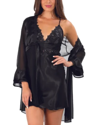 ENSEMBLE DE CHEMISE DE NUIT NOIR EN SATIN