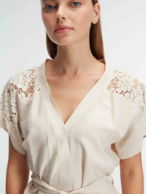Ensemble, Col en V, Manches Courtes, Dentelle PREMIUM