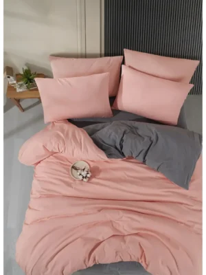 Parure de Lit Double Polycoton SAUMON Housse - Drap - 4 Taies d'oreiller