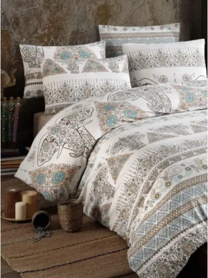 Parure de Lit Double Polycoton BOURGOGNE Housse - Drap - 4 Taies d'oreiller