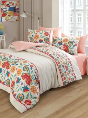 Parure de Lit Double Polycoton FLEUR DE CIEL Housse - Drap - 4 Taies d'oreiller