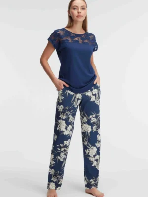 Ensemble pyjama à motifs floraux, manches courtes, col rond tricoté, avec dentelle
