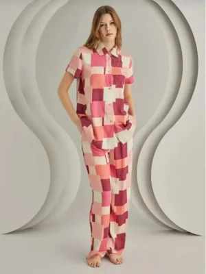 Ensemble Pyjama 2 Pièces Rose Bordeaux à Motif Carré