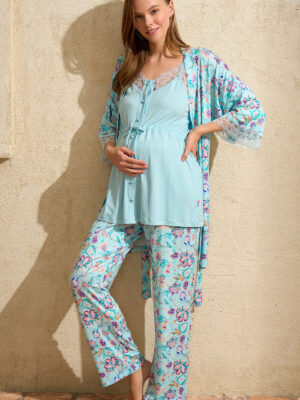 Ensemble Pyjama de Maternité 3 Pièces, Détails en Dentelle