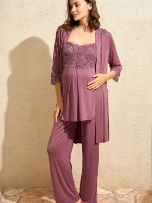 Ensemble Pyjama de Maternité 3 Pièces, Détails en Dentelle