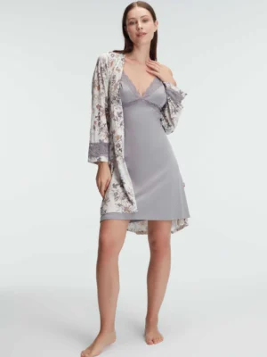 Ensemble 2 Pièces Bambou à Motifs Floraux avec Dentelle