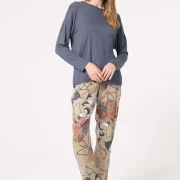 Ensemble pyjama à motifs floraux, manches longues, col rond tricoté, avec dentelle