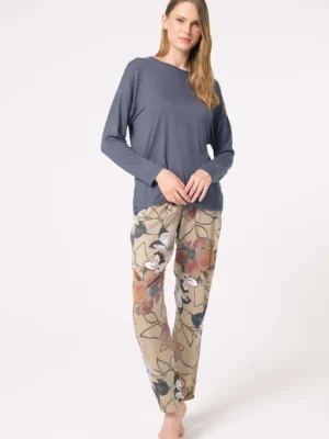Ensemble pyjama à motifs floraux, manches longues, col rond tricoté, avec dentelle