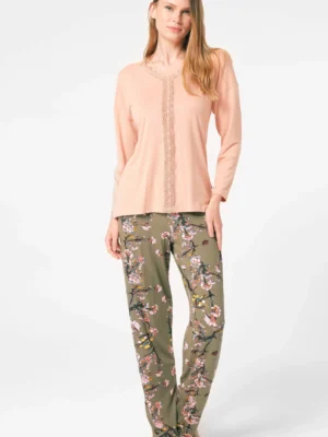 Ensemble pyjama à motifs floraux, manches longues, col V tricoté, avec dentelle