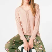 Ensemble pyjama à motifs floraux, manches longues, col V tricoté, avec dentelle