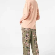 Ensemble pyjama à motifs floraux, manches longues, col V tricoté, avec dentelle